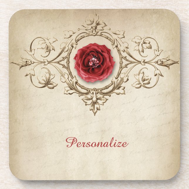 Elegant & Unique Red Rose & Diamond Personalised Coaster (Front)