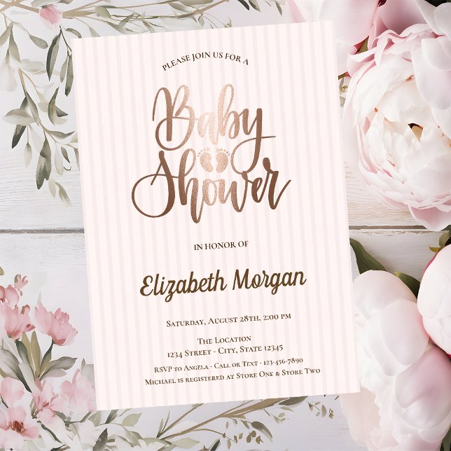 Elegant Unique Rose Gold Striped Baby Shower Invitation (Creator Uploaded)