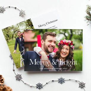 Elegant Unique Text Two Photo Merry and Bright Holiday Card