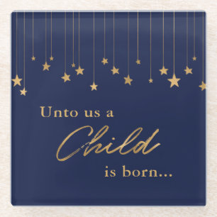 Elegant Unto Us Child is Born Gold Blue Christmas Glass Coaster