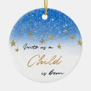 Elegant Unto Us Scripture Blue Glitter Christmas Ceramic Tree Decoration