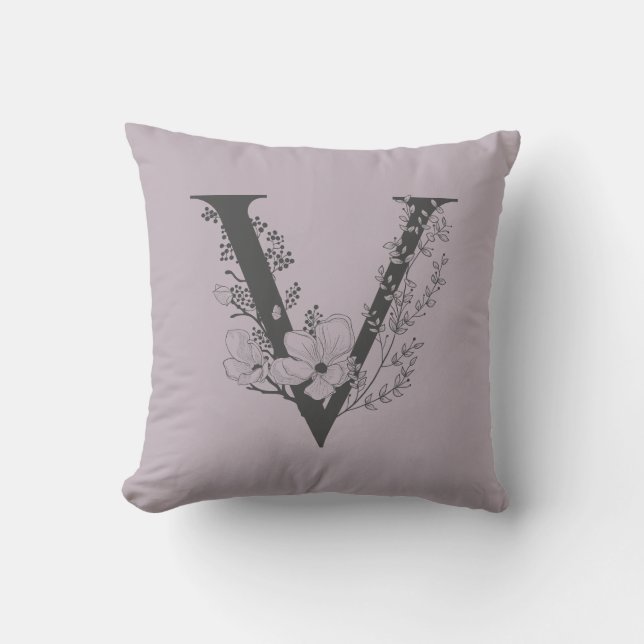 Elegant V Boho Floral Monogram Initial Lilac Grey Cushion (Front)