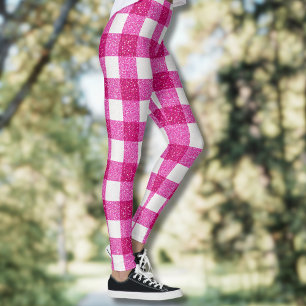 Elegant Valentine Pink Glitter Tartan on White Leggings