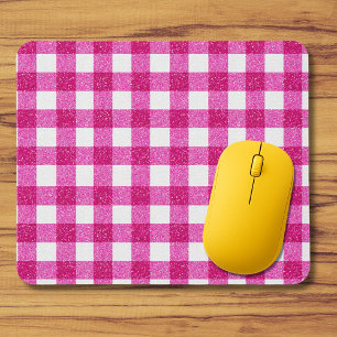 Elegant Valentine Pink Glitter Tartan on White Mouse Mat