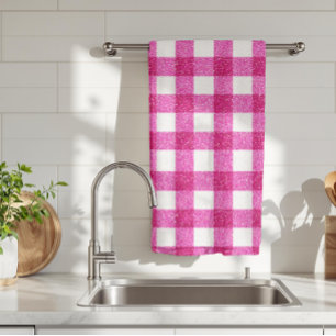 Elegant Valentine Pink Glitter Tartan on White Tea Towel