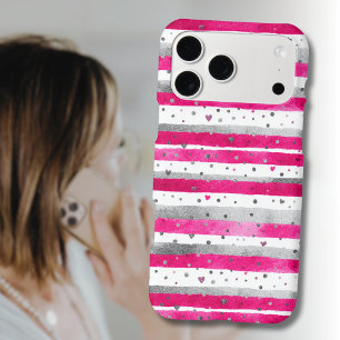 Elegant Valentine Pink Silver Hearts on Striped