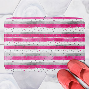 Elegant Valentine Pink Silver Hearts on Striped Bath Mat