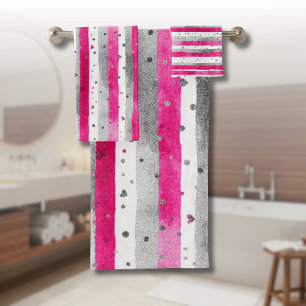 Elegant Valentine Pink Silver Hearts on Striped Bath Towel Set