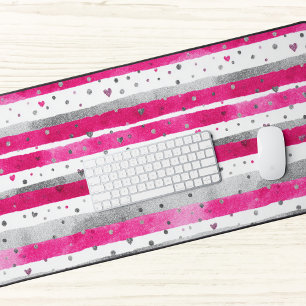 Elegant Valentine Pink Silver Hearts on Striped Desk Mat