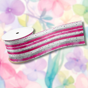 Elegant Valentine Pink Silver Hearts on Striped Satin Ribbon