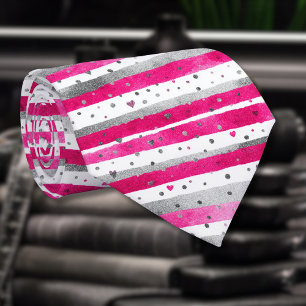 Elegant Valentine Pink Silver Hearts on Striped Tie