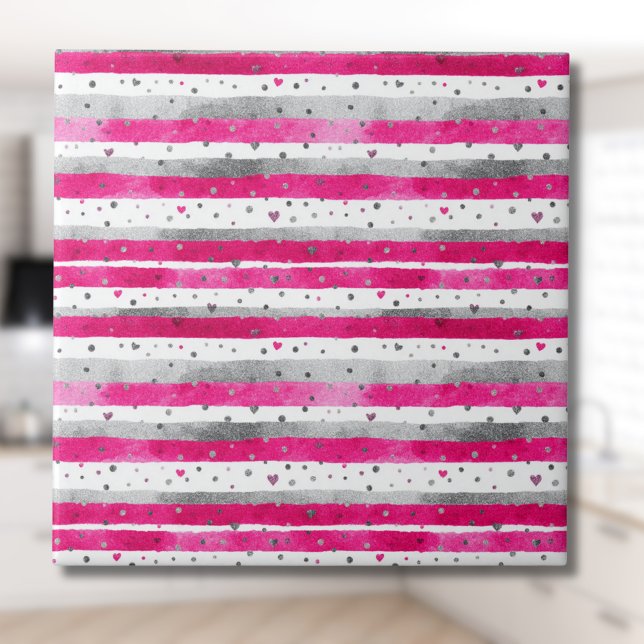 Elegant Valentine Pink Silver Hearts on Striped Tile (Creator Uploaded)