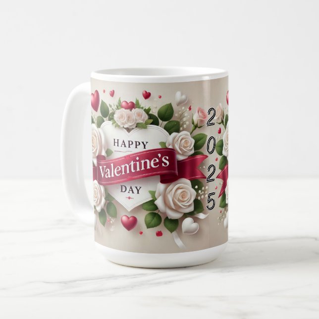 Elegant Valentine's Day Design with Roses, Hearts Coffee Mug (Front Left)
