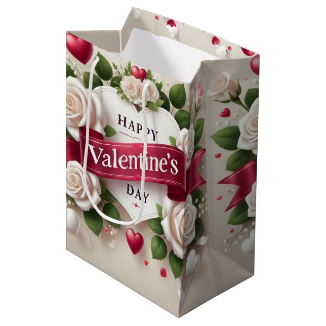 Elegant Valentine's Day Design with Roses, Hearts Medium Gift Bag (Front Angled)
