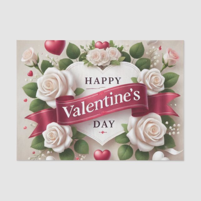 Elegant Valentine's Day Design with Roses, Hearts Tissue Paper (Front)