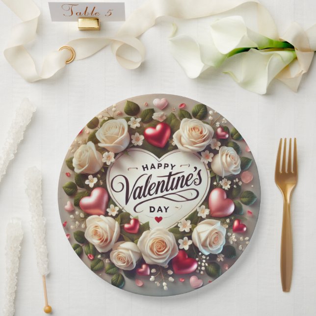 Elegant Valentine's Day Design with Roses Paper Plate (Wedding)