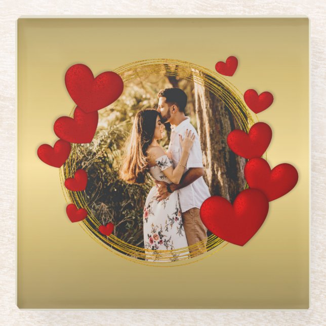 Elegant Valentines, Love, Anniversary Red Heart Glass Coaster (Front)