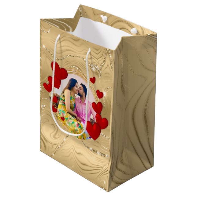 Elegant Valentines, Love, Anniversary Red Heart Medium Gift Bag (Front Angled)