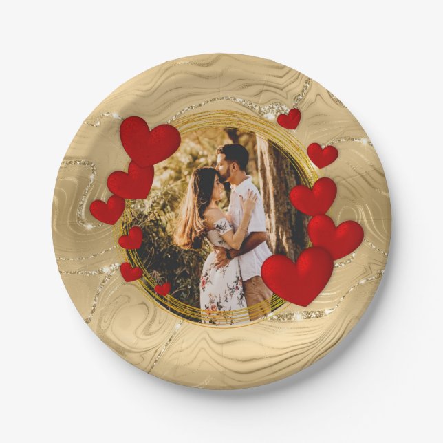 Elegant Valentines, Love, Anniversary Red Hearts Paper Plate (Front)