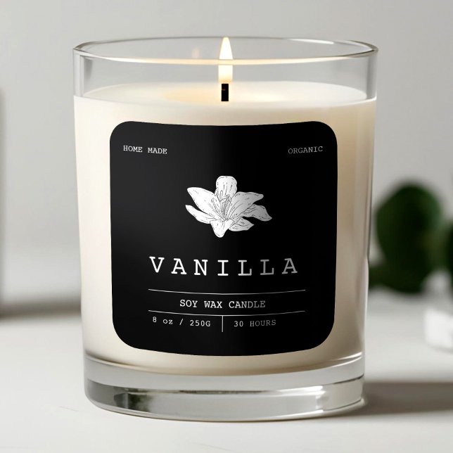  Elegant Vanilla Black & White Candle Labels (Candle Black & White Vanilla Elegant Square Sticker, Candle Label Design )