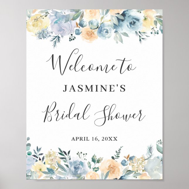 Elegant Vanilla Blue Floral Bridal Shower Sign (Front)