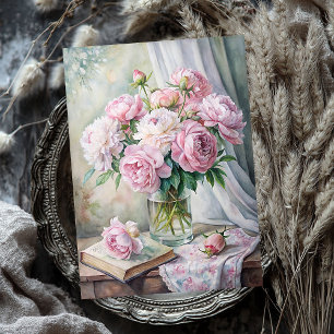 Elegant vase with pink peonies on table tissue paper