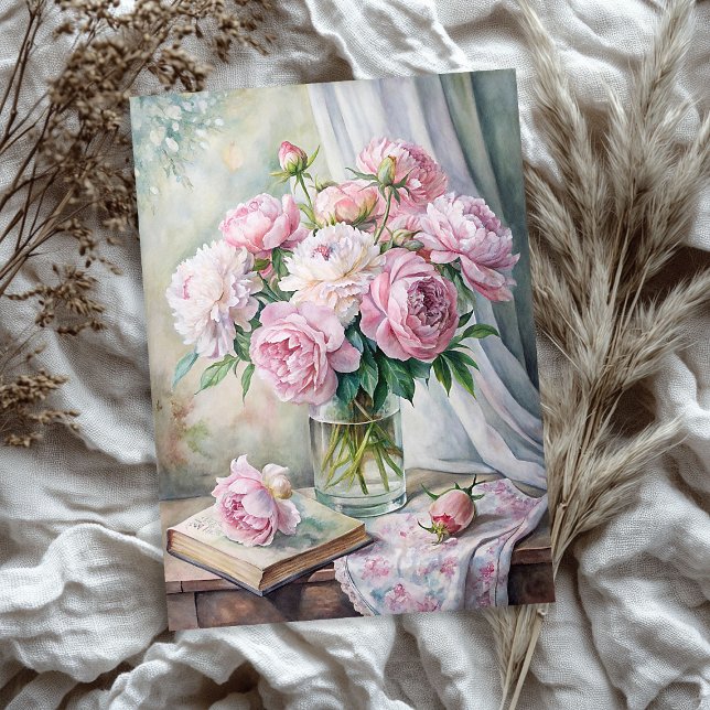 Elegant vase with pink peonies on table tissue paper (Elegant vase with pink peonies on table tissue pape)