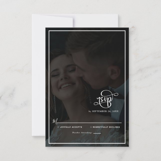 Elegant Vellum Black & White Overlay Photo Wedding RSVP Card (Front)