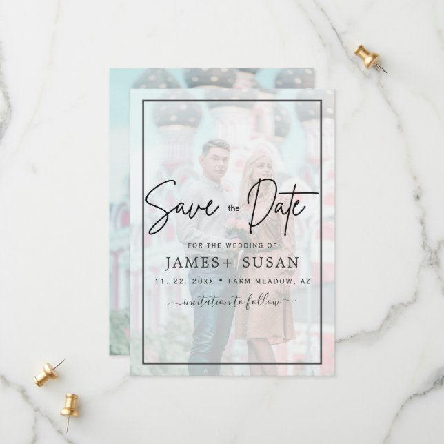 Elegant Vellum Black & White Overlay Photo Wedding Save The Date (Front/Back In Situ)