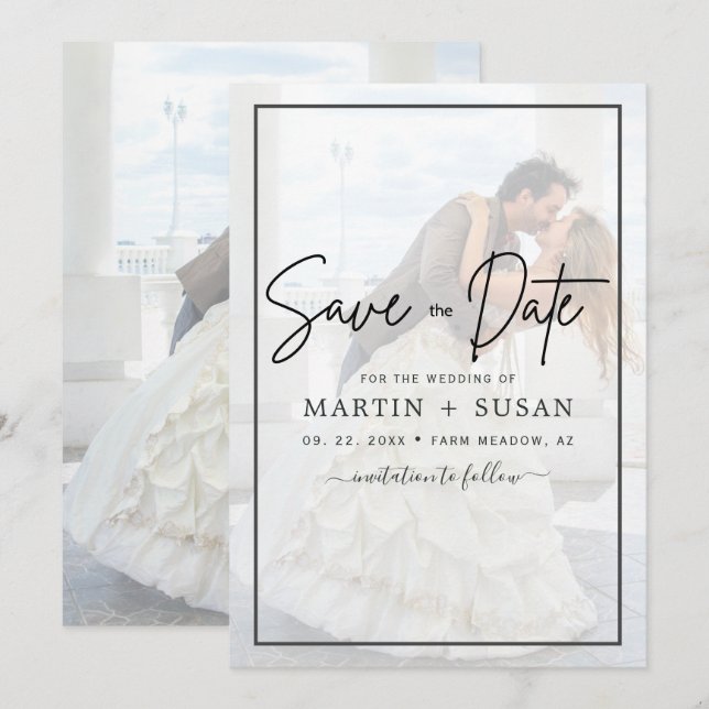 Elegant Vellum Black & White Overlay Photo Wedding Save The Date (Front/Back)