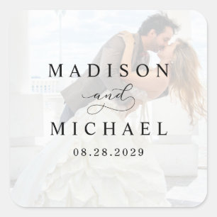 Elegant Vellum Black & White Overlay Photo Wedding Square Sticker