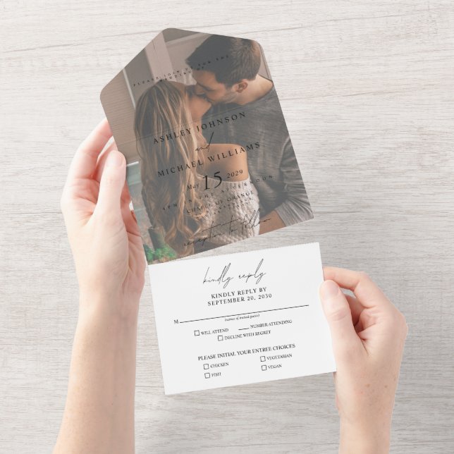 Elegant Vellum Overlay Photo Wedding RSVP All In One Invitation (Tearaway)