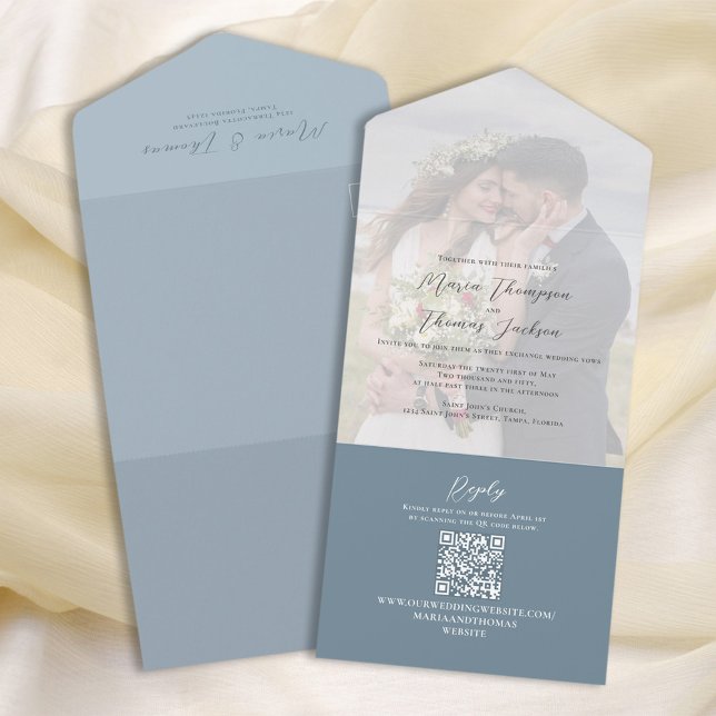 Elegant Vellum Photo Overlay Dusty Blue | QR Code All In One Invitation (Creator Uploaded)