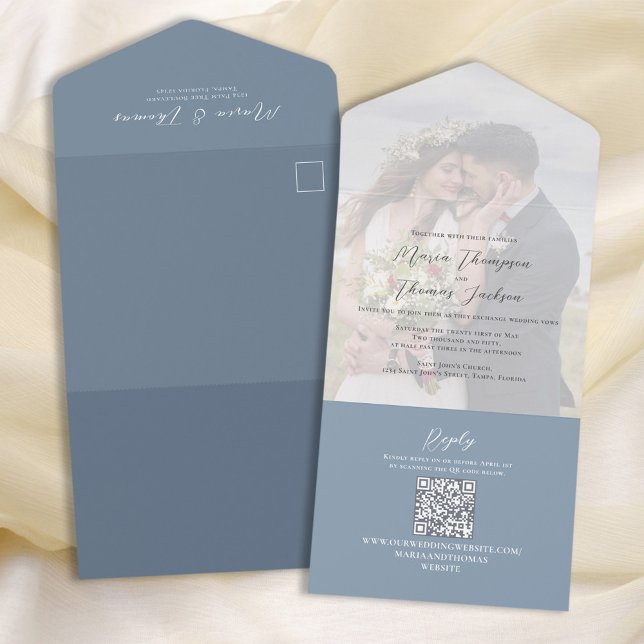 Elegant Vellum Photo Overlay Dusty Blue | QR Code All In One Invitation (Creator Uploaded)