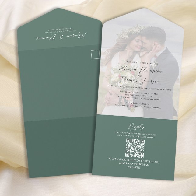 Elegant Vellum Photo Overlay Green | QR Code RSVP All In One Invitation (Creator Uploaded)