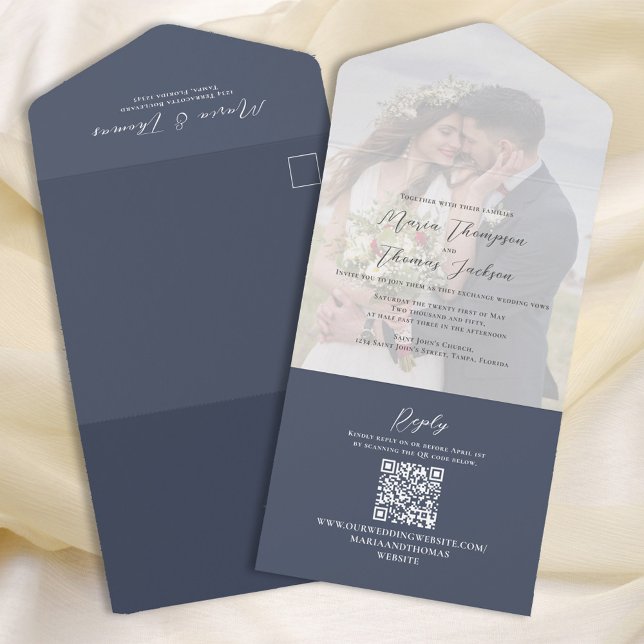 Elegant Vellum Photo Overlay Slate Blue | QR Code All In One Invitation (Creator Uploaded)