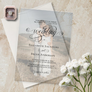 Elegant Velum Photo Black Script Wedding Clear Acrylic Invitations