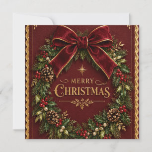 Elegant Velvet Bow Christmas, Luxury Botanical Holiday Card