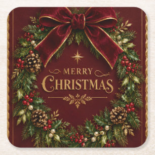 Elegant Velvet Bow Christmas, Luxury Botanical Square Paper Coaster