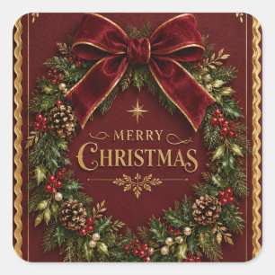 Elegant Velvet Bow Christmas, Luxury Botanical Square Sticker