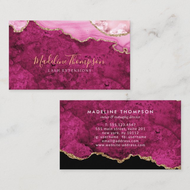 Elegant Velvet Magenta Pink Marble Agate Geode Business Card (Front/Back)