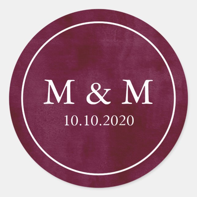Elegant Velvety Burgundy  Wedding Classic Monogram Classic Round Sticker (Front)