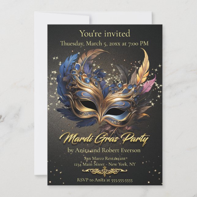Elegant Venetian Mask Mardi Gras Invitation (Front)
