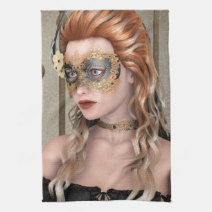 Elegant Venetian Masquerade Portrait Art Tea Towel