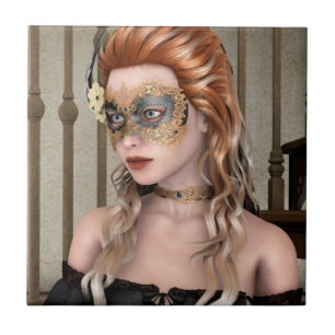 Elegant Venetian Masquerade Portrait Art Tile
