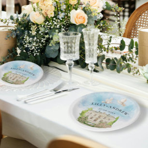 Elegant Venue Fountain doves Wedding Luxury Paper Plate