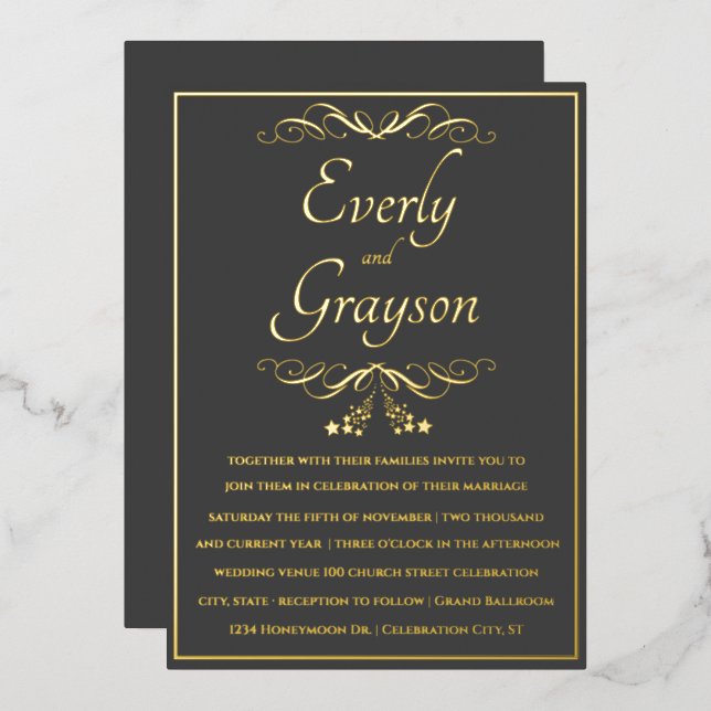 Elegant Veri Charcoal and Gold Wedding   (Front/Back)
