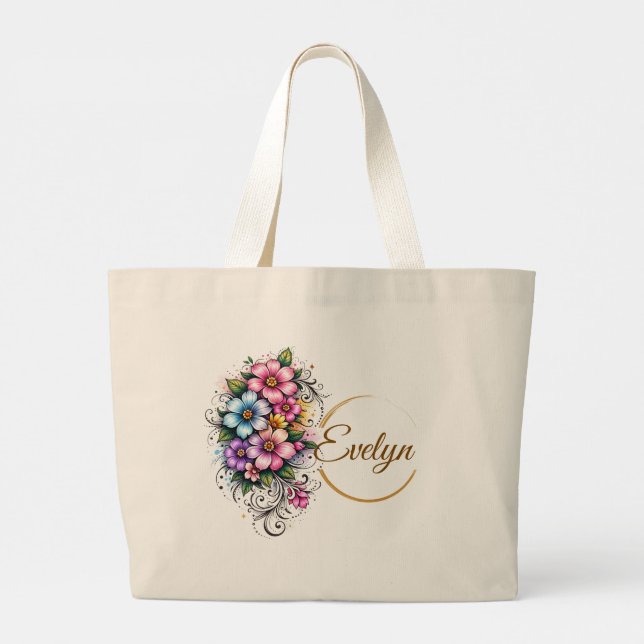 Elegant Vertical Flower Bouquet Illustration Large Tote Bag (Back)