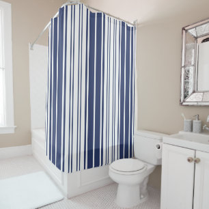 Elegant, vertical, stripes, navy blue, white shower curtain