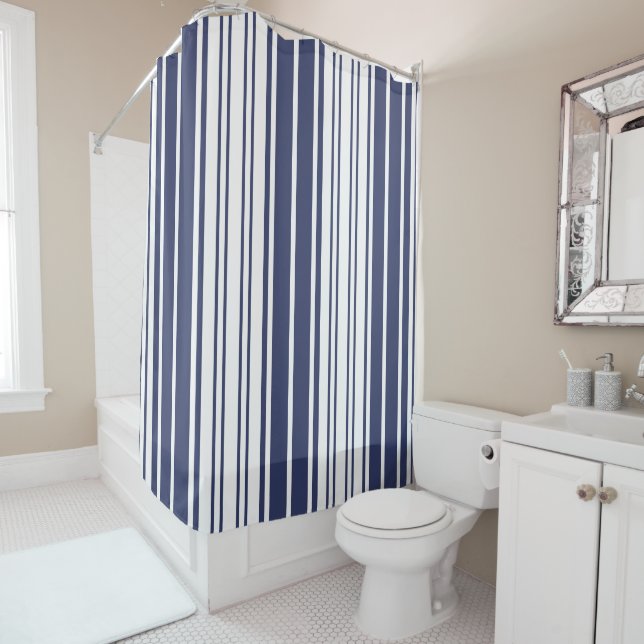 Elegant, vertical, stripes, navy blue, white shower curtain (In Situ)